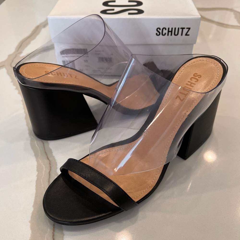 New in Box Schutz Raira Black Leather/Transparent Block Heel Slide Sandals